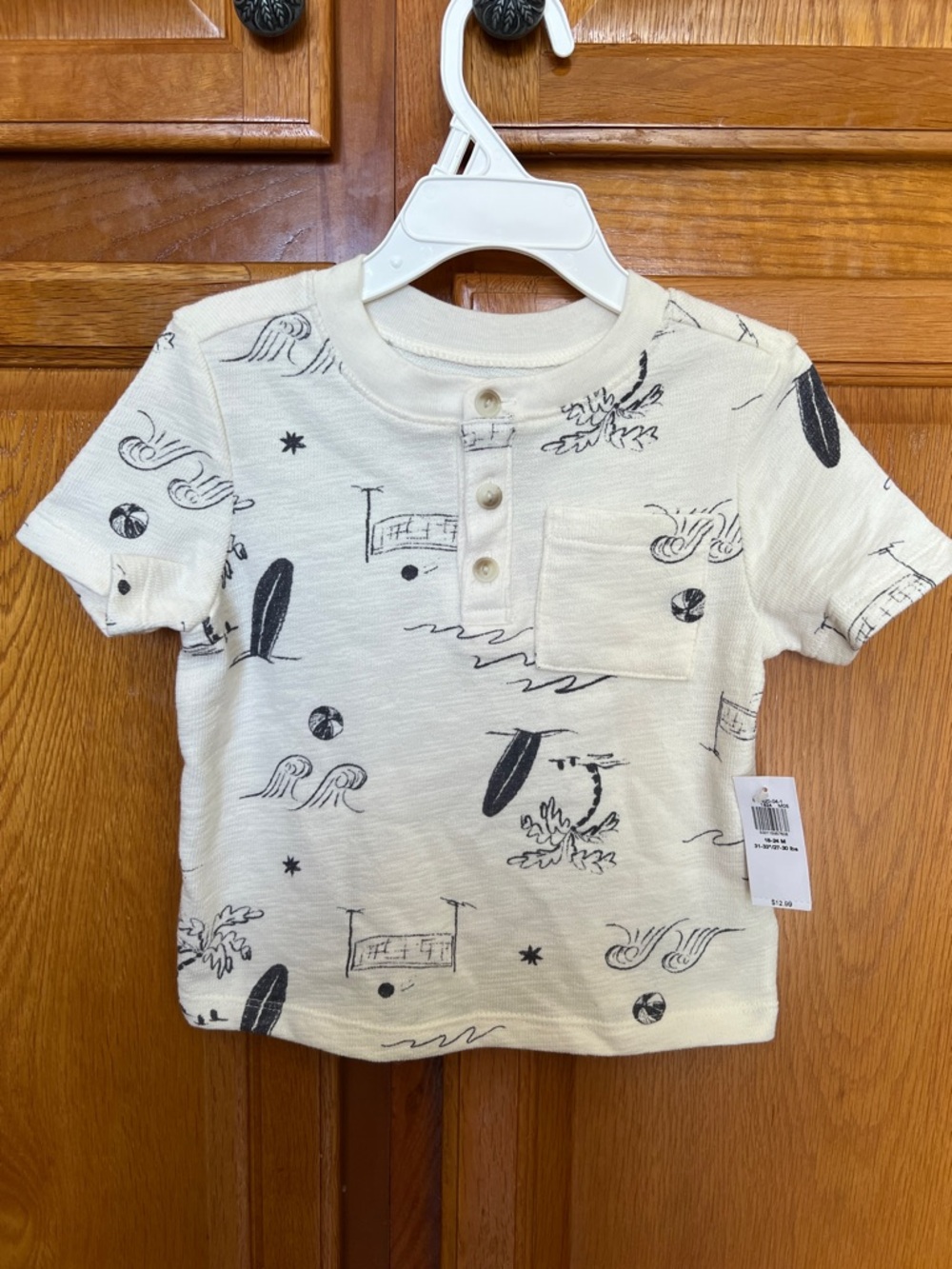 Old Navy Cream Short-Sleeve Henley Tee with Black Surf Graphics
